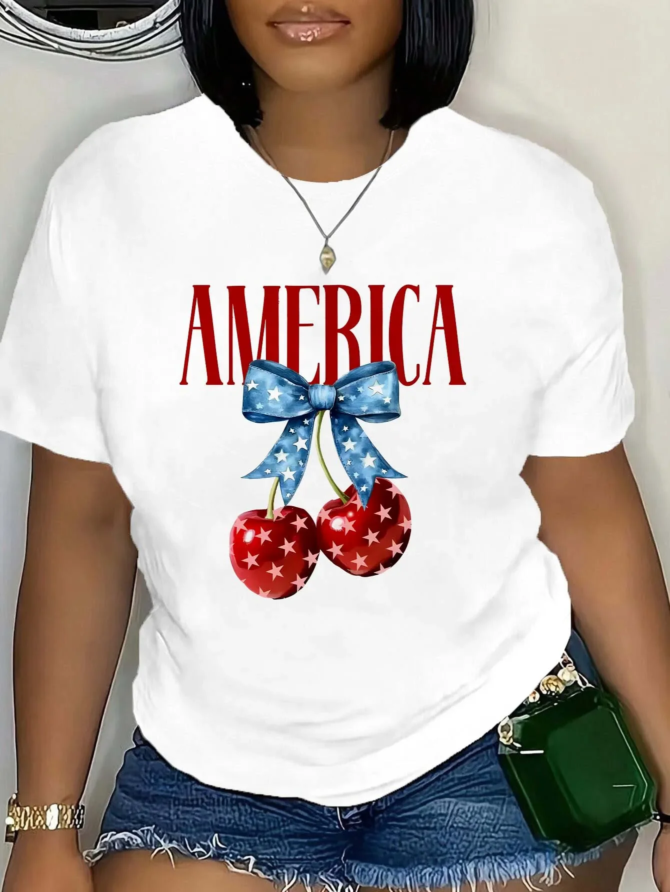 

Camiseta con gráfico de lazo de cereza de AméricaTop patriótico con motivo de cereza estrellada y lazo para vibraciones