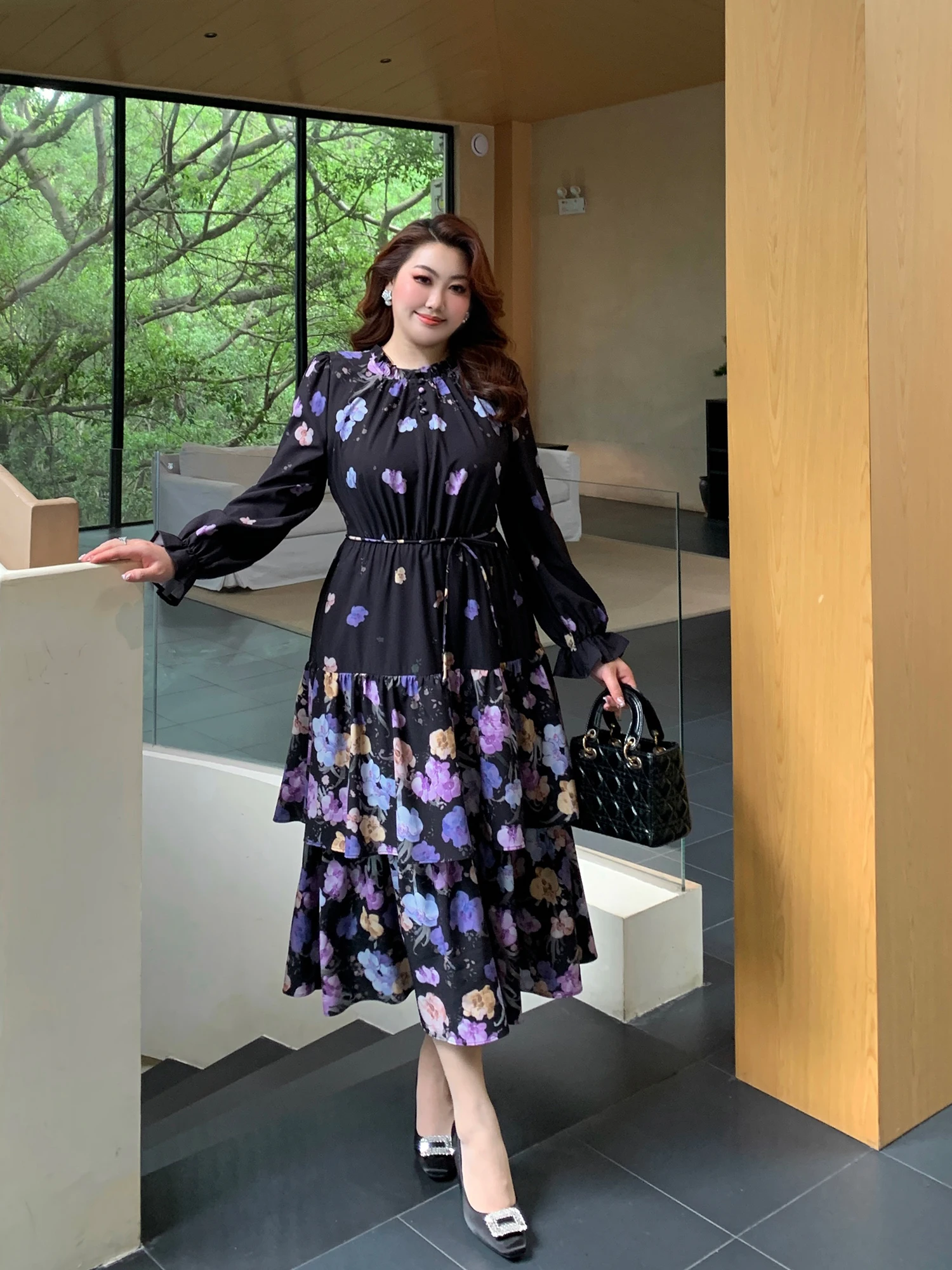 

GLEC плюс размер с цветочным принтом Dr Ele French Sle Long Sve Юбка-трапеция с высокой талией для важных случаев Красивая ...