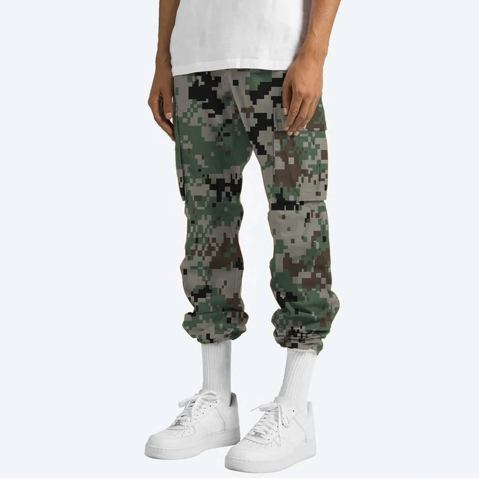 Macacão de bolso múltiplo masculino camuflado, calça longa, reta de cintura alta, gravata com cordão, moda todos os pares, casual