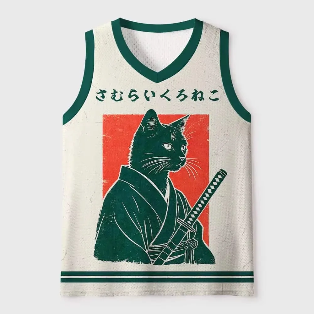 Japanese Samurai Black Cat Pattern 3D Printing Men's V-Neck Vests - Casual Outdoor Sports with Breathable and Quick-Drying Cloth