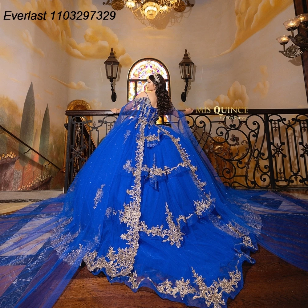 EVLAST Royal Blue Quinceanera Dress Ball Gown Gold Lace Applique Beads Cape Corset Sweet 16 Vestido De 15 Anos Customized QD1191