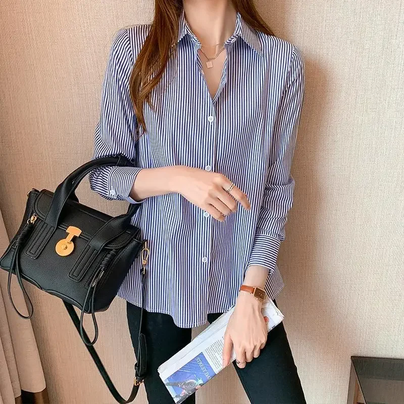 Profession Office Printing Striped Single-breasted Blouse Women Long Sleeve Turn-down Collar Korean All-match Lady Shirt A281