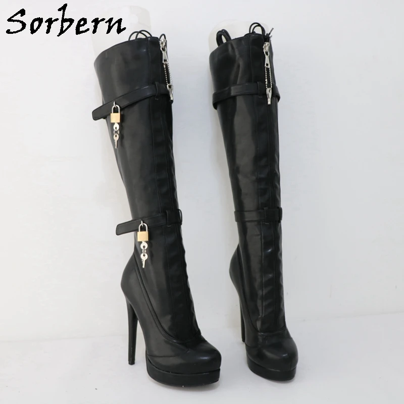 Sorbern Black Fetish Lockable Zipper Boots Women Knee High Double Straps With Locks Visible Platform High Heel Stilettos