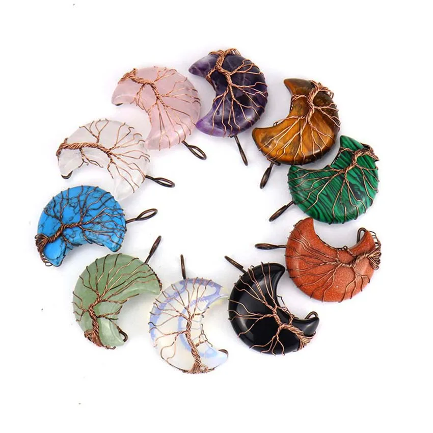 Charms Natural Healing Crystal Crescent Moon Stone Pendants for Women DIY Necklace Amethyst Rose Quartz Agate Choice Men Jewelry