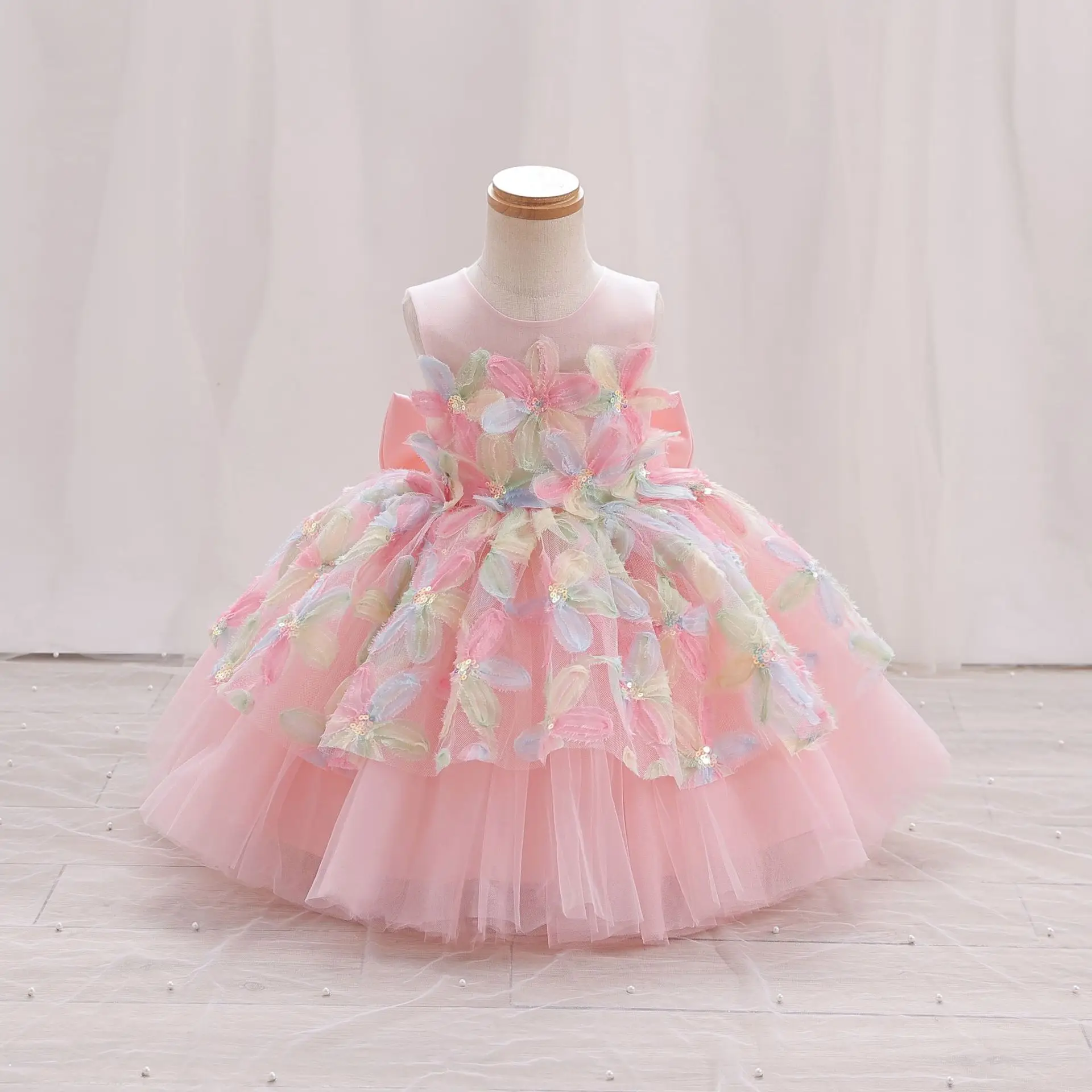 HETISO Elegant Flower Girls Dress Appliques Luxury Pageant Tulle Ball Gowns for Kids Children 4-7 Years