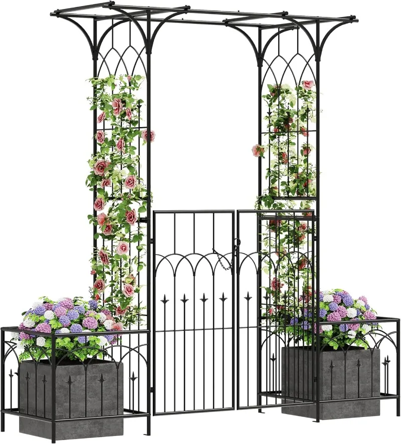

81" H Garden Arch and Arbor with Gate, Black Arch with Planter Boxes for Climbing Plants Outdoor, Wedding Ceremony Archway
