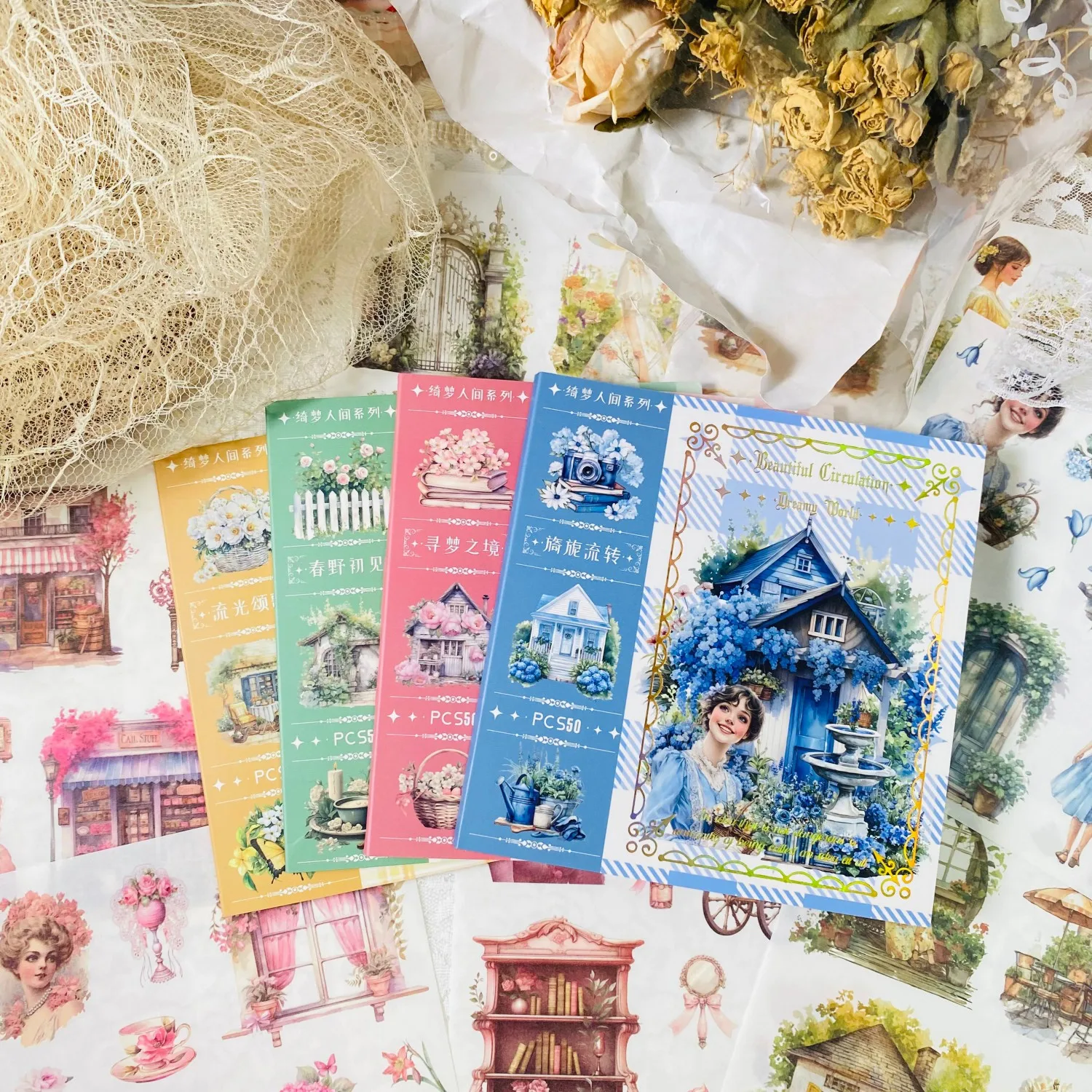 Journamm 50sheets Vintage Scrapbook Sticker Book Washi Paper Material Pre-Cut Scrapbook Stickers for Junk Journals Planners