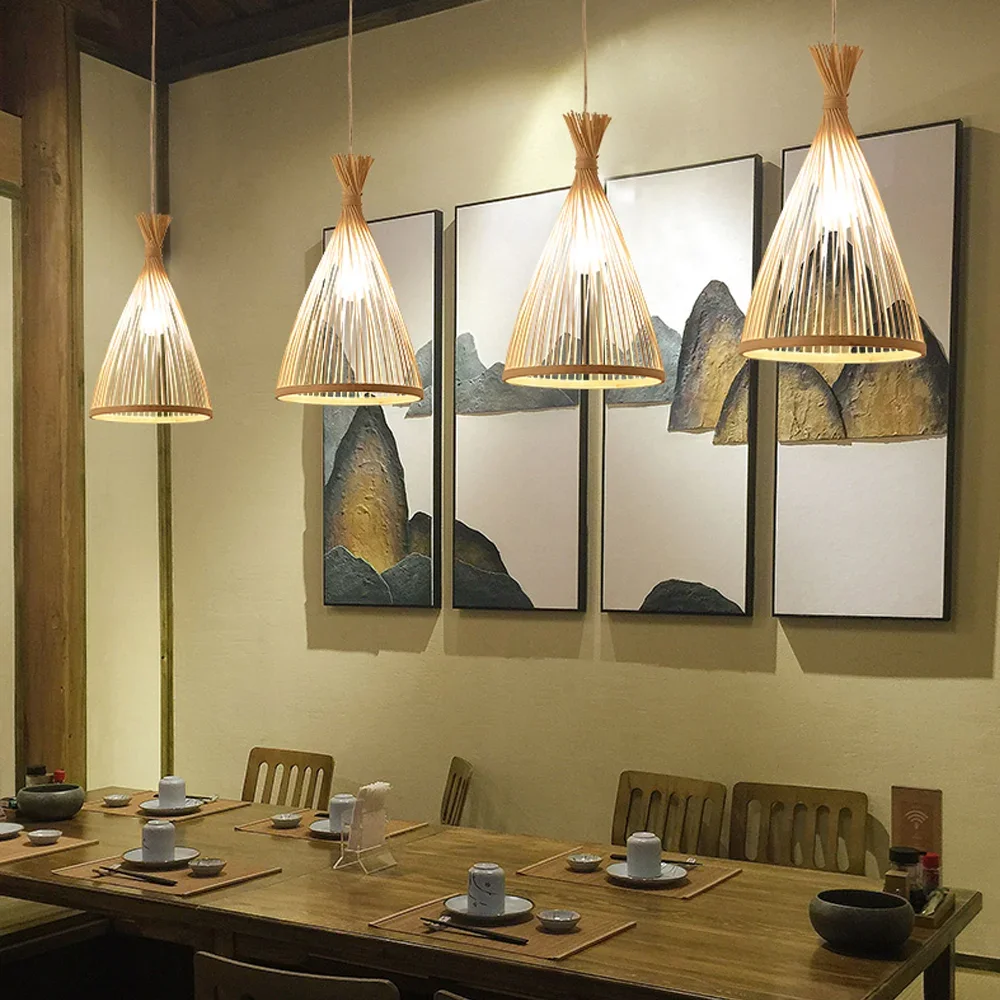 Handmade Vintage Pendant Lamp Bamboo Restaurant Café Chandeliers Wood Base E27 Bulb Lighting Hotel Bedroom Interior Classical