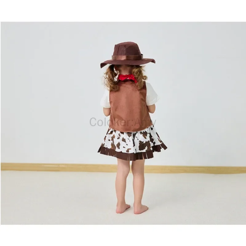 Halloween Clearance Girls Cowgirl Costume Kids Western Cowboy Fancy Dress Set Fringe Vest Bandana Cow Print Skirt Birthday Dress view 3