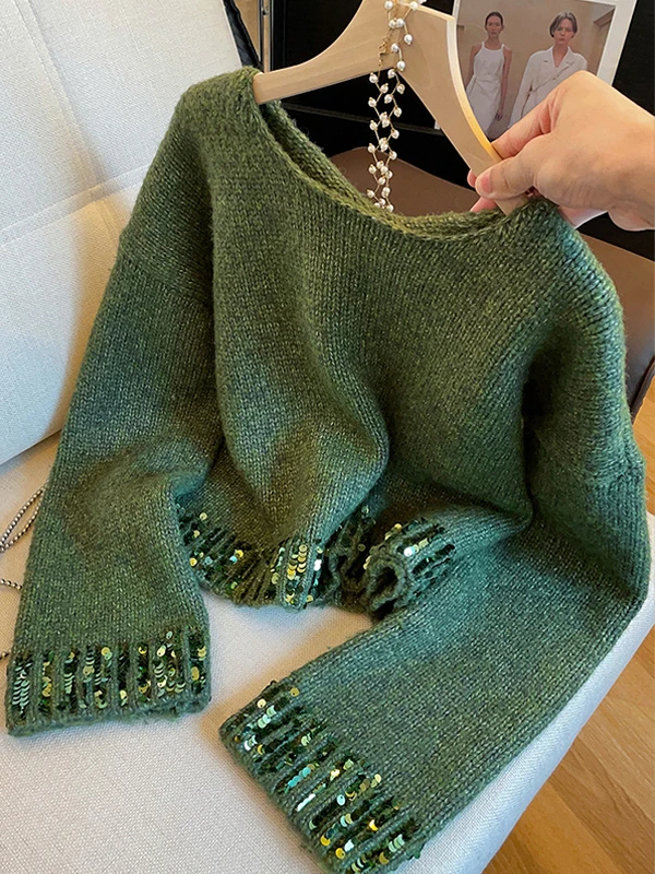 Chic Short Knitted Sweater Women's round Neck Patchwork Glitter Winter Fashion plus Size Top Comfortable Soft Polyester Fiber