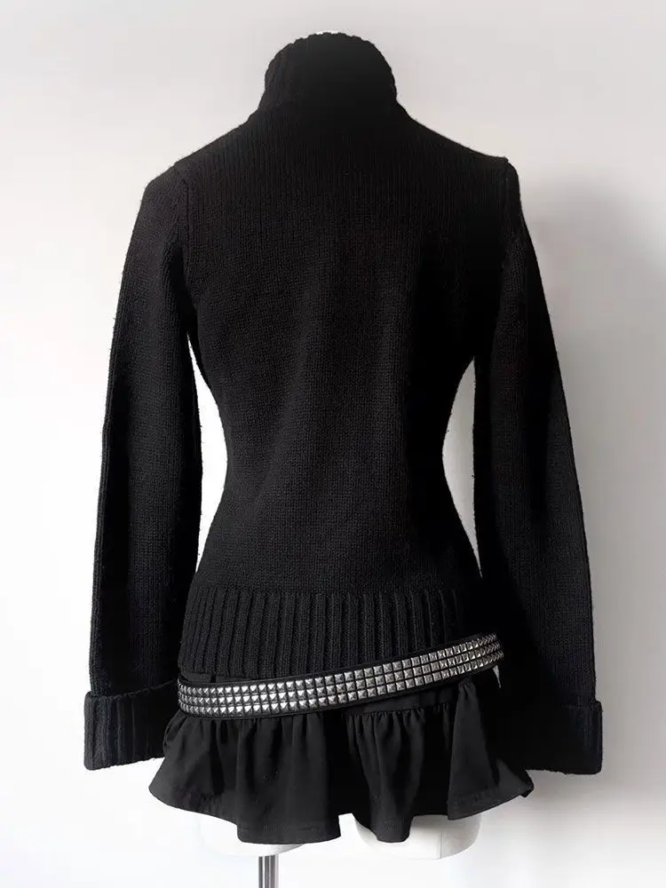 고딕 펑크 패션 여성 니트 스웨터 2000년대 겨울 버튼 후드 하라주쿠 레트로 그런지 Y2K 코트