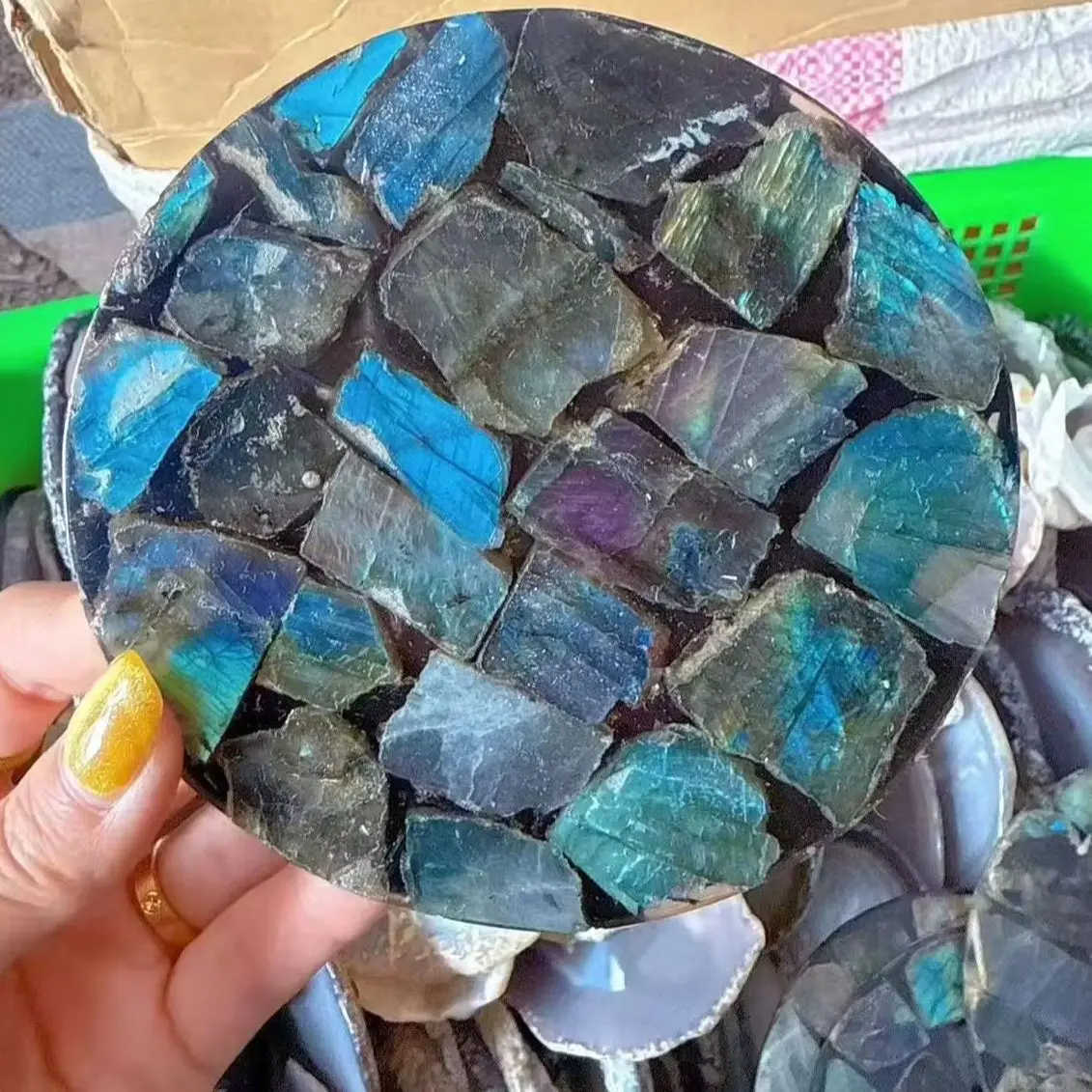 A set Natural Labradorite Round Slice,Blue Flash Circle Disk Round Plate Scrying Mirror Energy Witchcraft Craft Home Decor - view 5