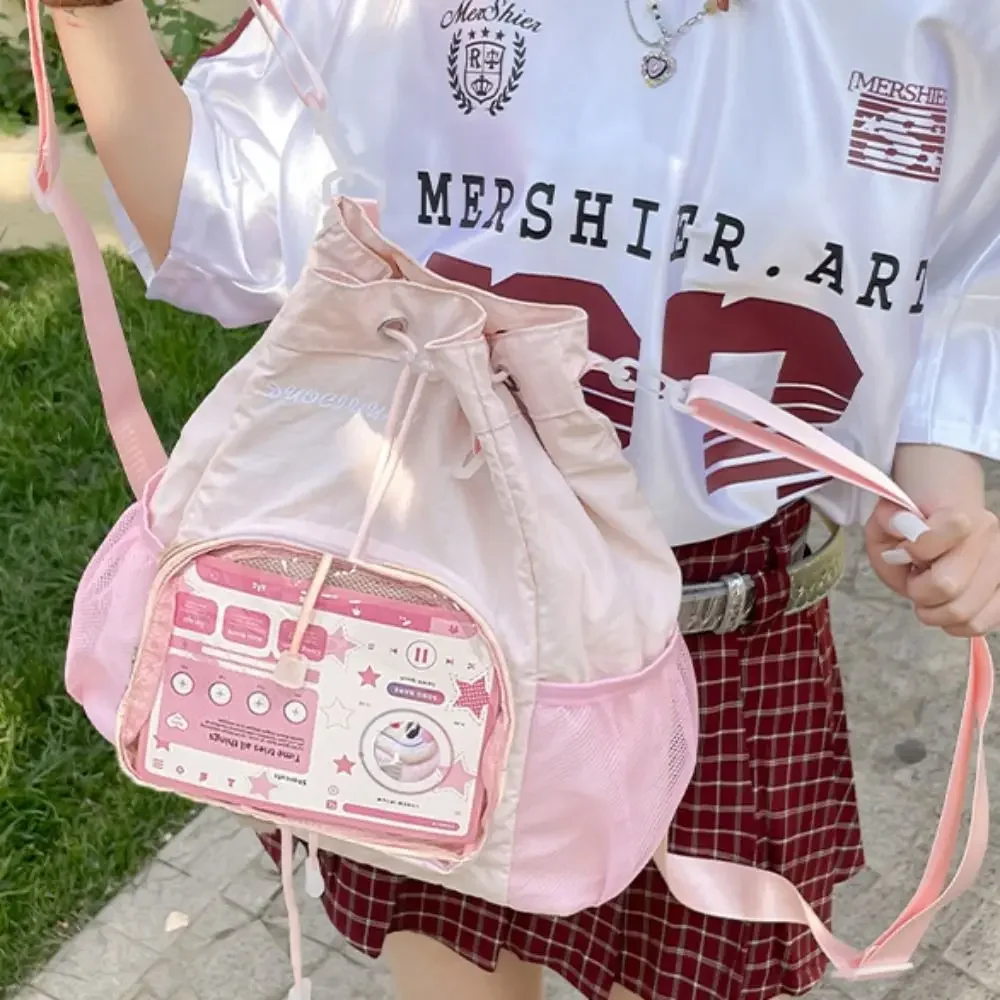 

Knapsack Transparent Nylon Drawstring Backpack Lightweight Sweet Casual Ita Backpack Badge Display Harajuku Y2k Schoolbag Girls