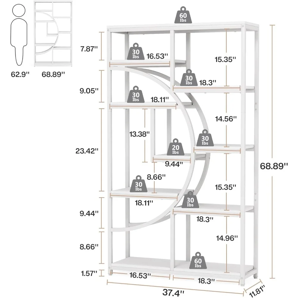 5 Tier Etagere Bookcase, Freestanding Tall Bookshelves Display Shelf Storage Organizer with 9-Open Storage Shelf for Living Room