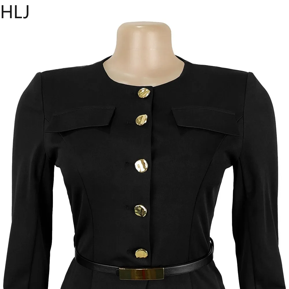 HLJ エレガントな女性用ツーピースセット、無地長袖シングルブレストクロップトップとパンツのマッチング、女性用ストリートウェア服