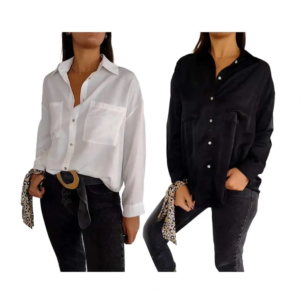 Women Shirt Lightweight Women Shirt Elegant Lapel Long Sleeve Women's Shirt with Patch Pockets Solid Color Loose Fit Office Lady