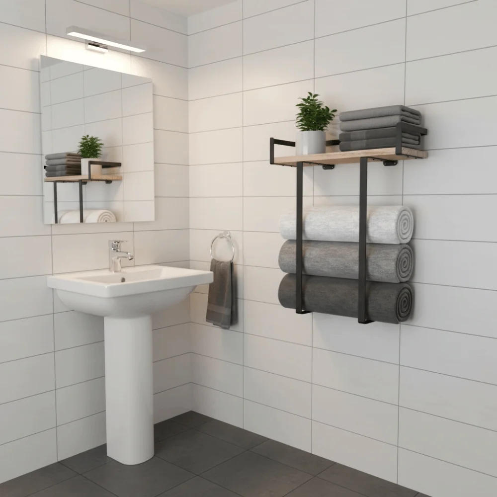 

Wood and Iron Bathroom Shelf Rust Proof Space Saving Shower Shelf Rectangle Shape Large Capacity Wall Mounted Shelf Shower Room