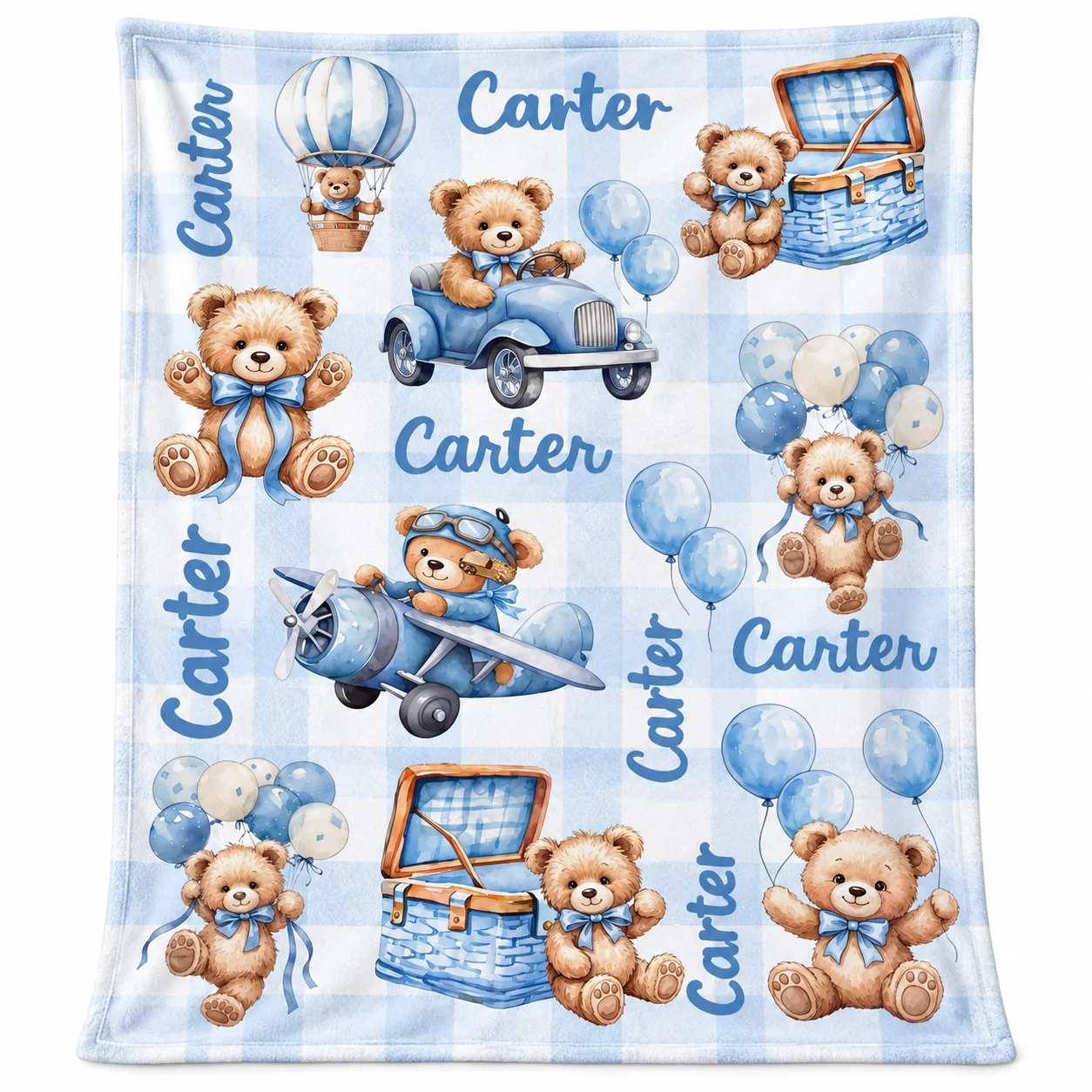 Personalized Hot Air Balloon Pilot Bear Soft Throw Blanket with Name Baby Shower Daily Use Birthday Christmas Gift for Boy Girls