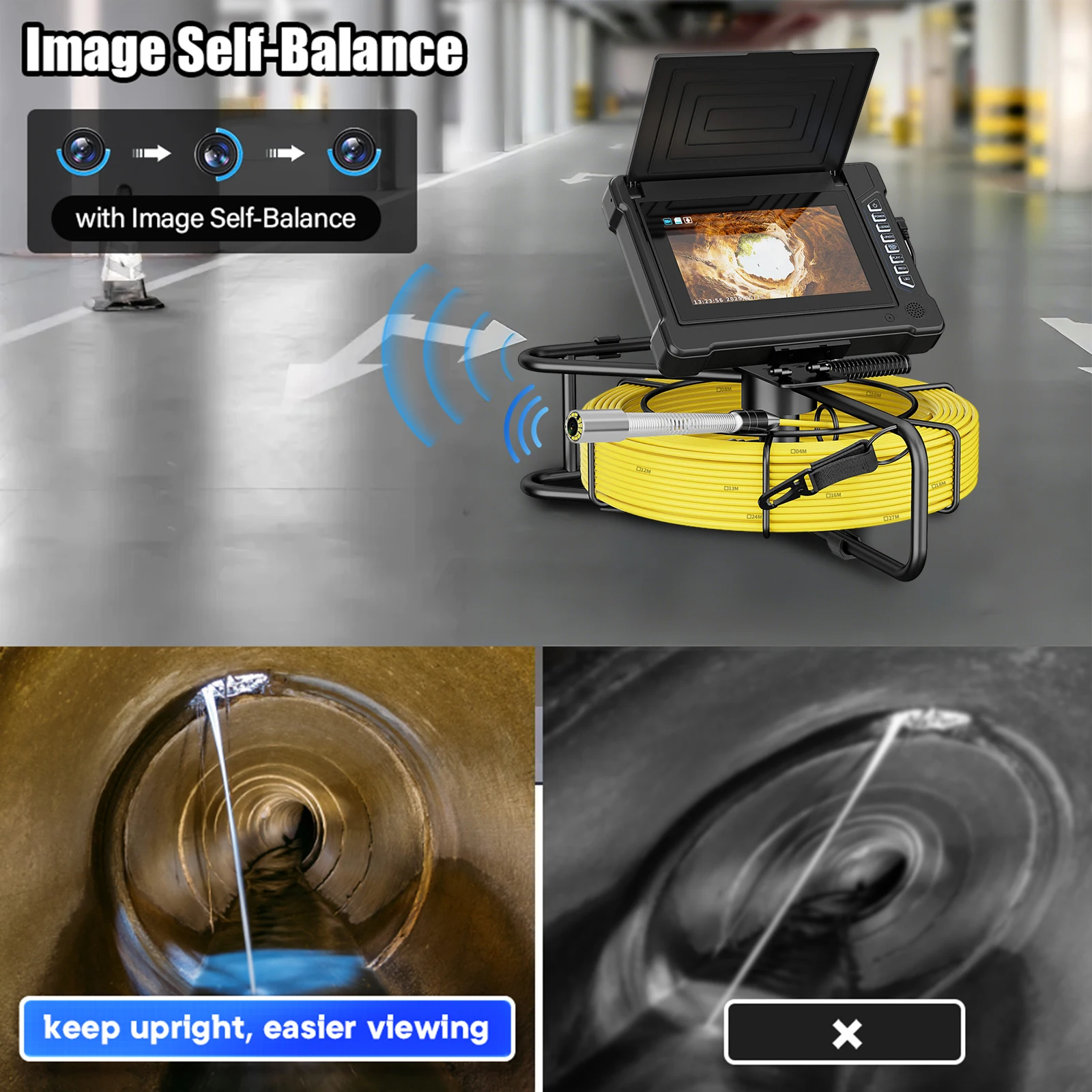 7" Sewer Inspection Camera,  512Hz Self-Leveling Sewer Camera with 10/20/30/50M Fiberglass Cable ,17MM/23MM HD Endoscope Camera image 2