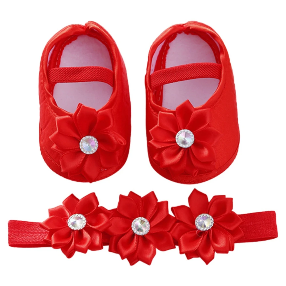 Newborn Baby Girls Flats Shoes with Headband Lovely Princess Shoes Toddler Infant Flower Pearl Cotton Shoes 0-12M