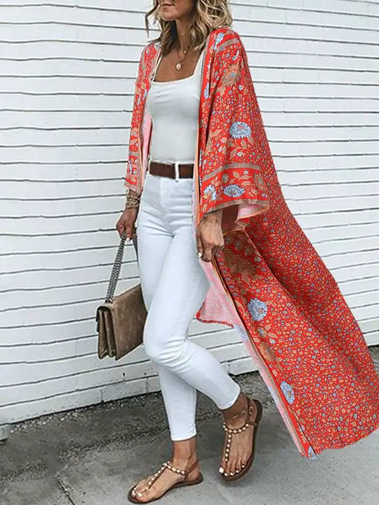 Bohemian Floral Printed Shirt Kimono ZANZEA Summer Beach Cardigan Women Open Front Long Sleeve Casual Blouse Vintage Long Tops