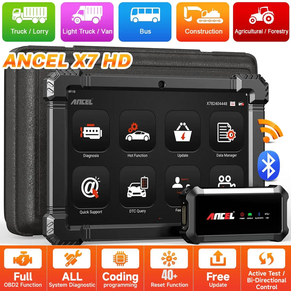 ANCEL X7 HD Heavy Duty Truck OBD2 Automotive Scanner Full System 12V 24V Oil D-P-F Regen ECU Reset OBD2 Truck Diagnostic Tools 