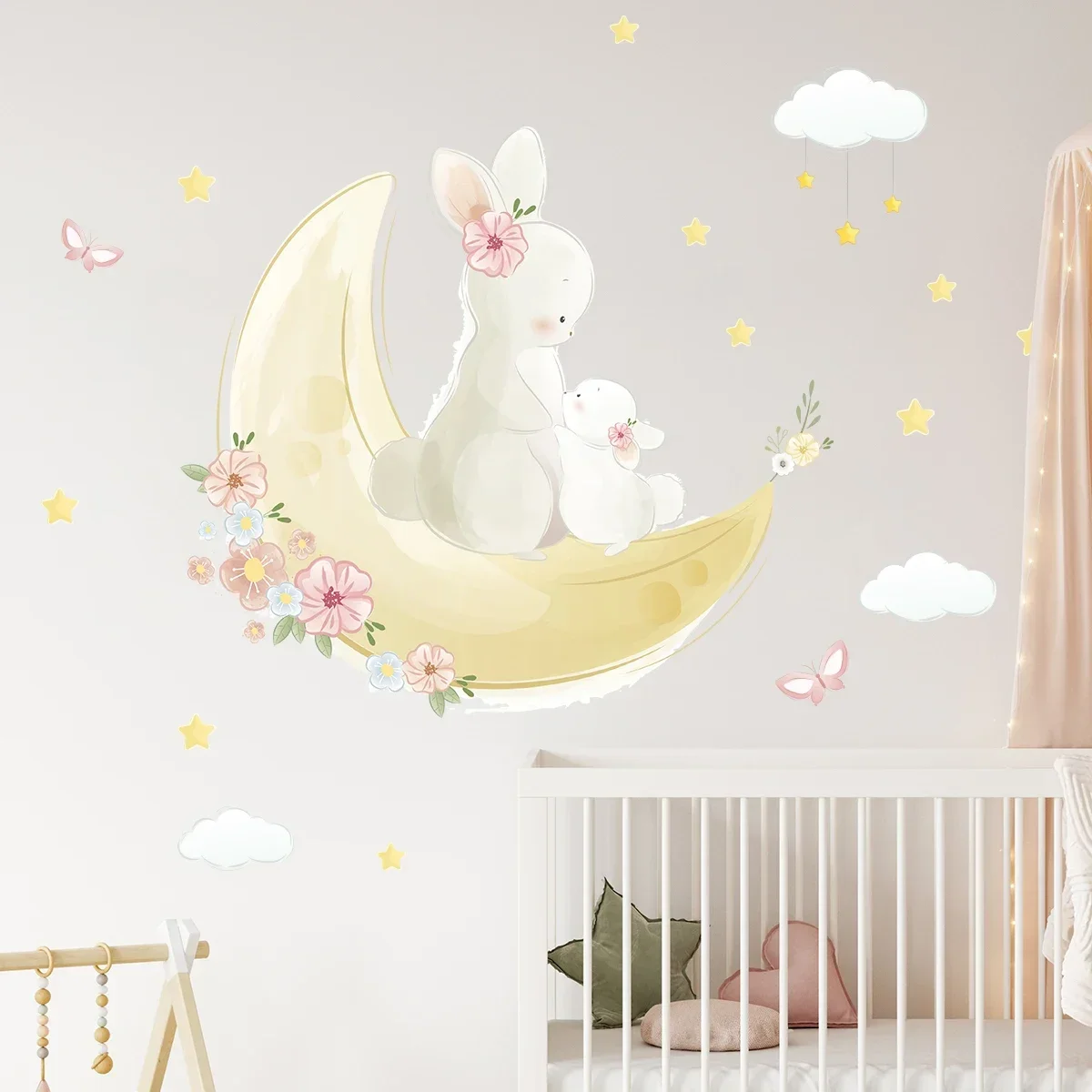 Милые Мультяшные наклейки на стену с кроликом и Луной для детской комнаты, гостиной, спальни, домашний декор, наклейки, Декор