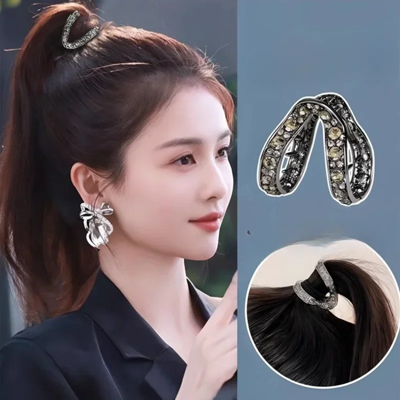 Rhinestone Mini Ponytail Clip Women Girls Small Fashion Anti-Drooping Metal High Ponytail Hair Claw Headdress Hair Accessories