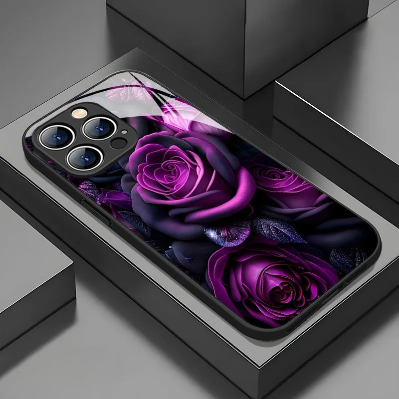 

Phone Case For iPhone 11 12 13 14 15 16 17 Pro Max 17Air 16E 7 8 16 Plus XR XS X Dark Purple Rose Pattern Tempered Glass Cover