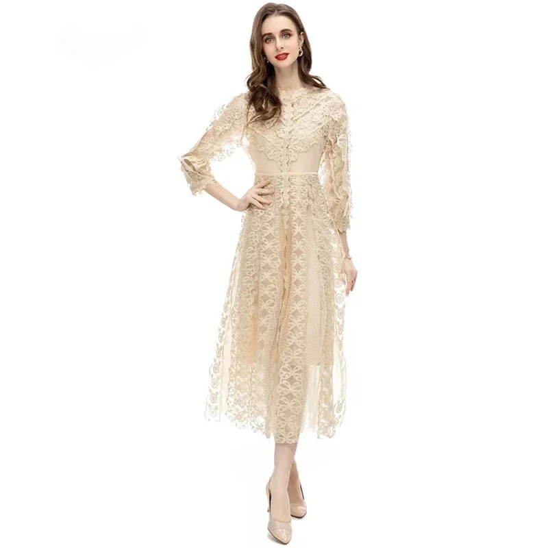 

2024 New Designer Summer Fashion Women's Vintage Lace Long Sleeve Hollow Out Embroidery Vacation Dress