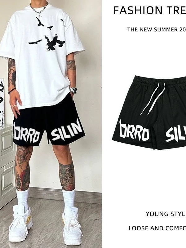 

American Sle Casual Baskeall Me orts Men's Summer Versatile Loose Straight Leg Five-Quarter Length Printed Pants