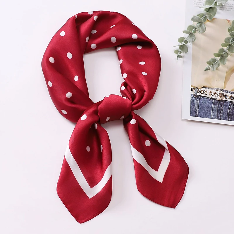 1pcs 70cm Fresh Polka Dot Printed Silk Scarf for Women Imitation Silk Simple and Elegant Headwear Clothing Square Scarf