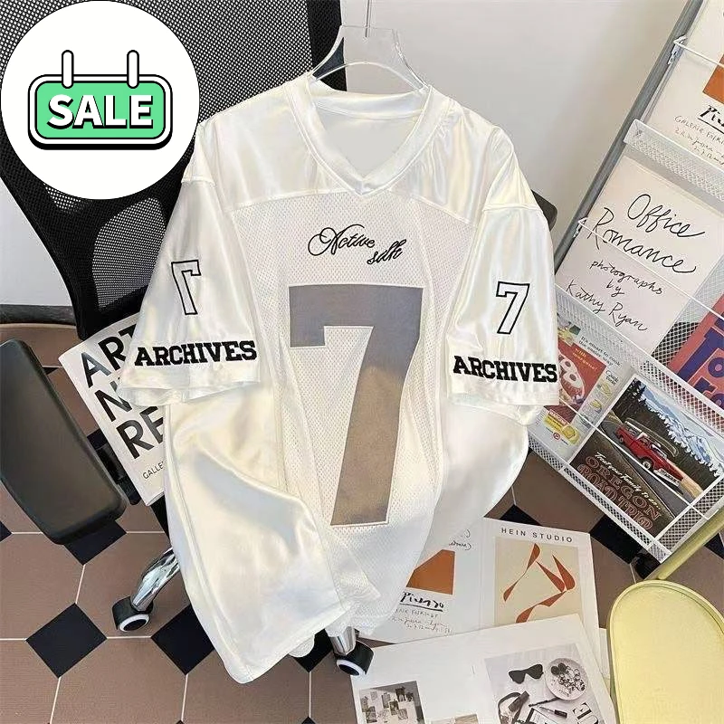 

2025 New Mesh Embroidered Short-sleeved T-shirt Men's and Women's Loose and Fast-drying Mesh Breathable V-neck Sports Top Moto