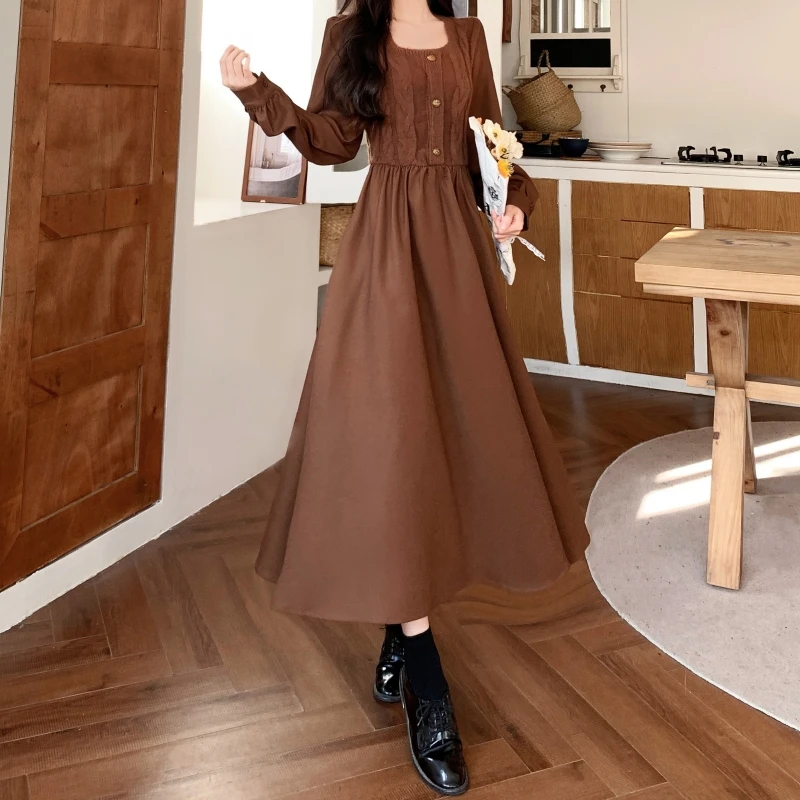 

Элегантная винтажная вельветовая одежда с квадратным вырезом и длинными рукавами Fairycore Evening High Street Plus Size женская одежда