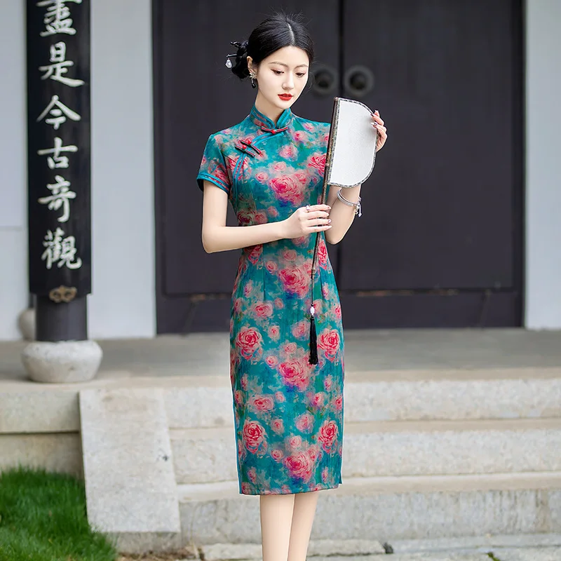 Cheongsam Summer New Elegant Mid-Length Retro Catwalk Short Sleeve Dress Manufacturer