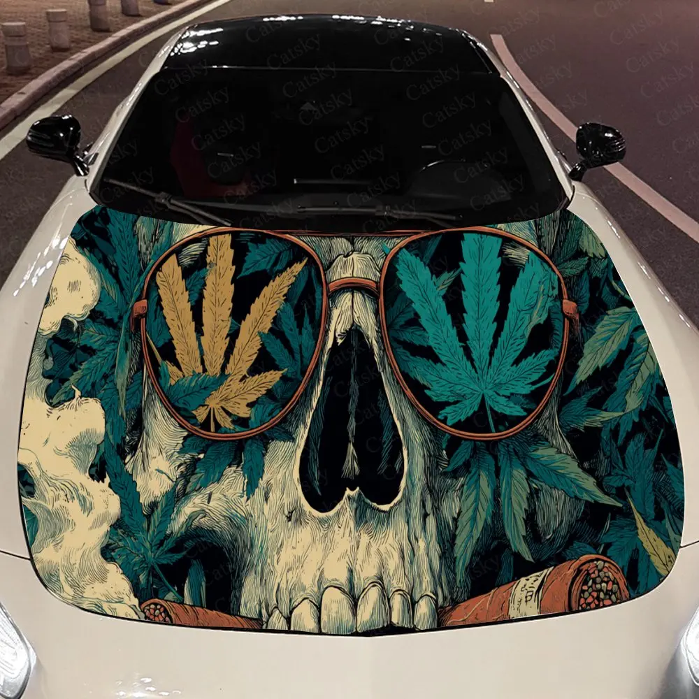 

Trendy Leaves Skull Auto Cover Sticker, Waterproof and Self-adhesive Auto Hood Decal, Auto Vinyl Wraps, Cool Car Exterior Decal,