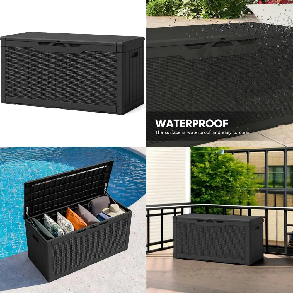

Large Waterproof Outdoor Storage Box for Patio Furniture and Garden Tools - 100 Gallon Resin Deck Box in Black