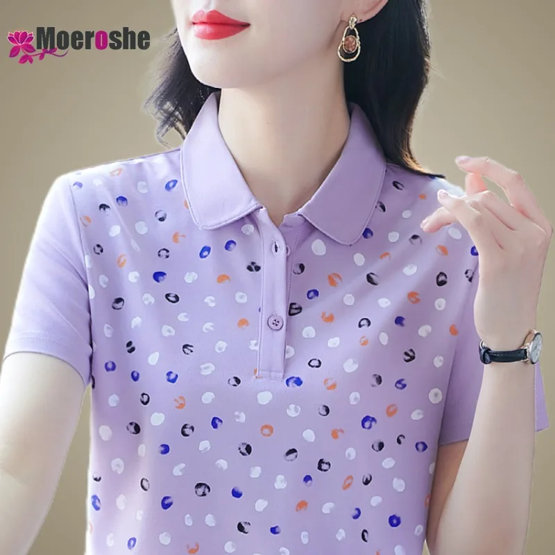 Print POLO Shirt  Short Sleeve T-shirt Women Pulovers Women's Summer Clothes 2024 Trend Dongdaemun Tops Tees Clothing