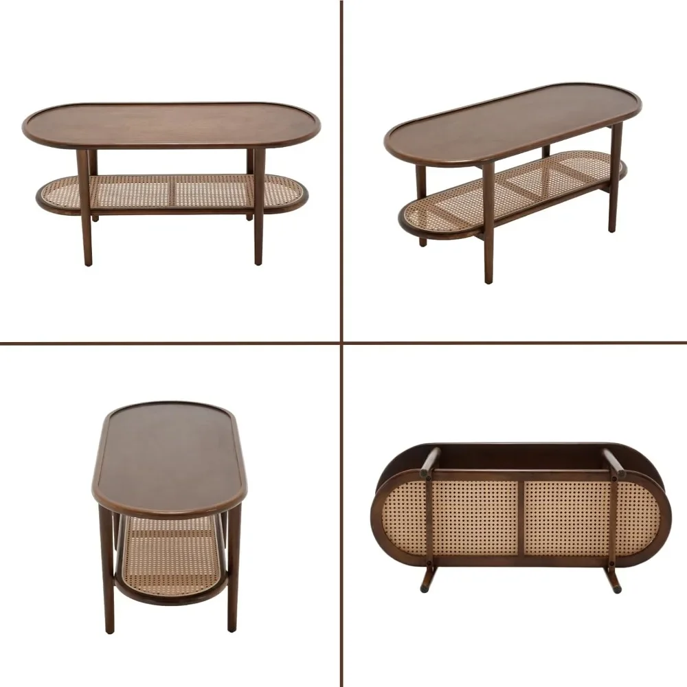 Rattan Coffee Table, Modern Walnut Wood Coffee Table with Rattan Storage Shelf for Living Room, 2-Tier Center Table Side Table