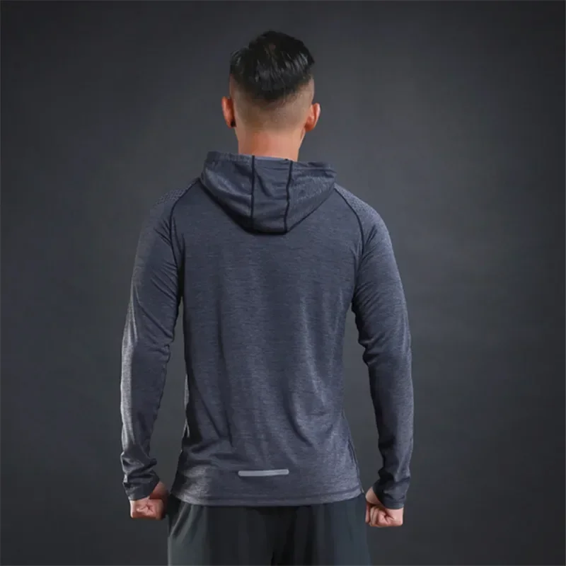 Solid Color Gym Clothing Long Sleeve Slim Fit Hooded T-Shirt Cotton Breathable Hoodie Mens Bodybuilding Fitness Muscle Sportwear