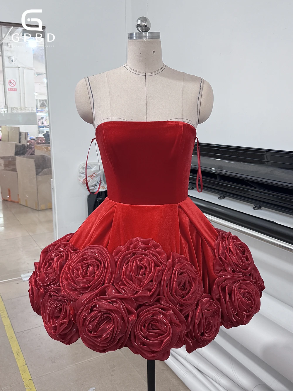 

Women Red Strapless 3D Flowers Short Ball Gown Sexy Backless A-line Dresses Elegant Evening Party Cocktail ClubWear