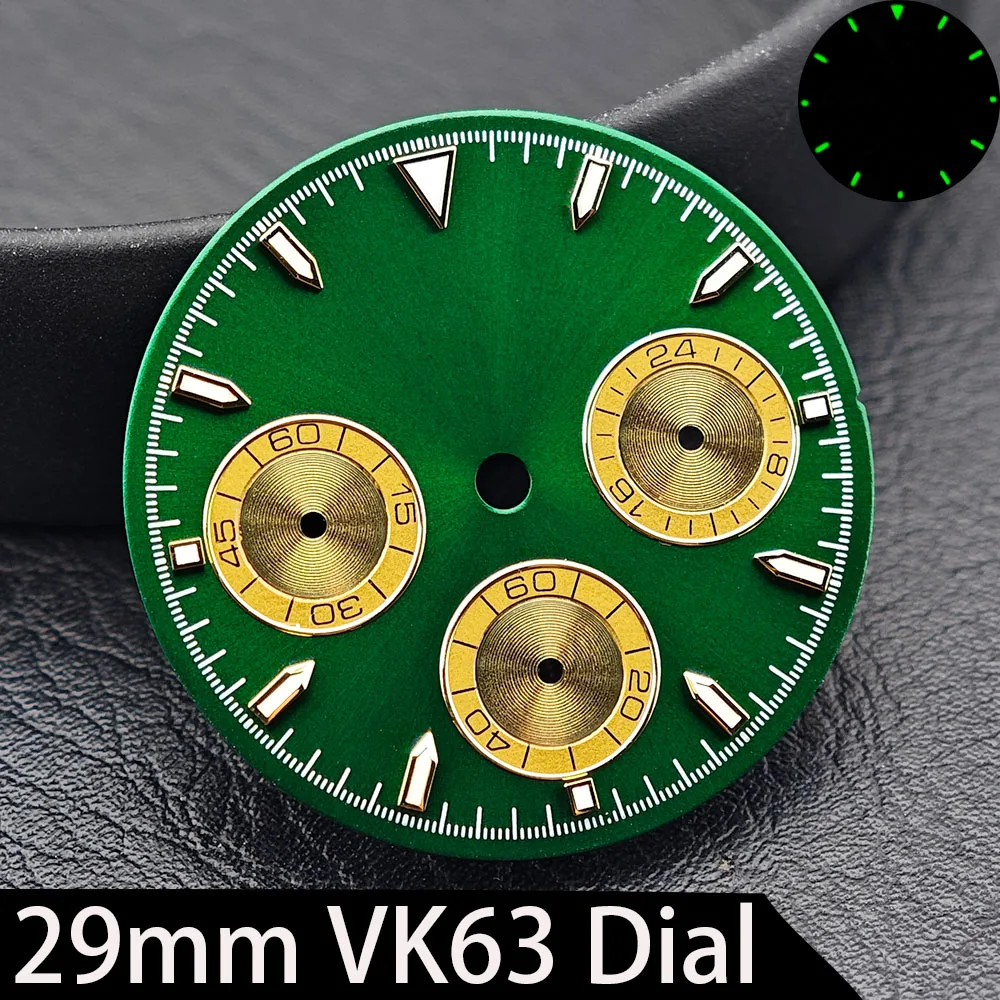 High Quality 29mm VK63 Watch Dial Green Luminous 6 Hands Chronograph Dial Fit VK63 Quartz Movement 39mm Watch Case Men Watch Acc