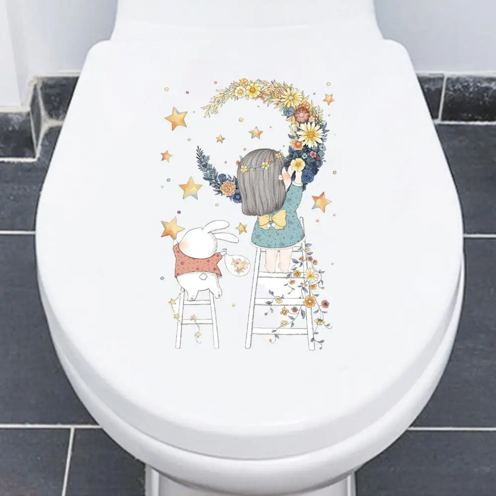 Bathroom Wall Decal Cute Girl Moon Pattern Toilet Sticker Waterproof Residue-free Wall Decal for Vibrant Bathroom Decor