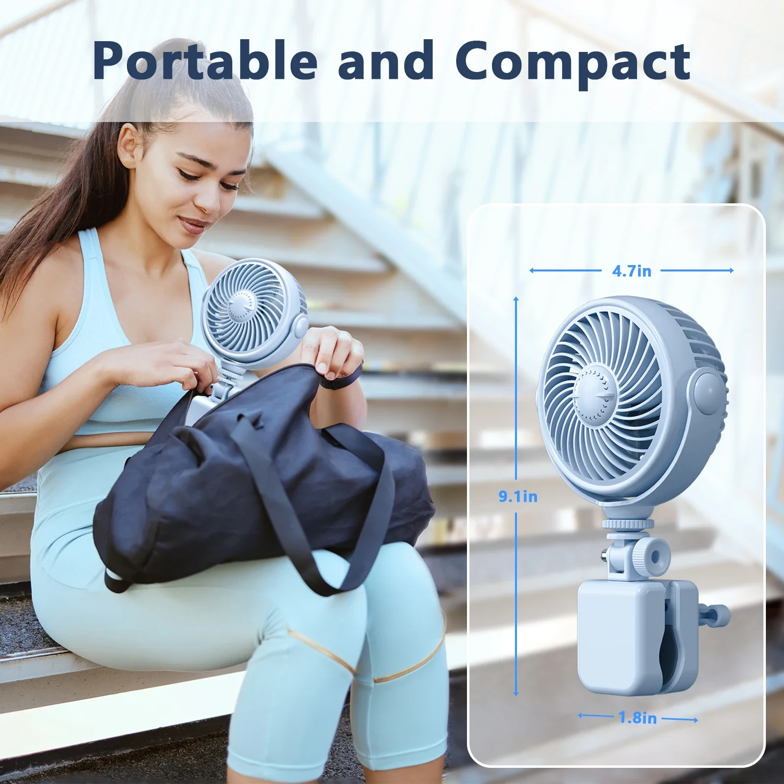 Hipacool Portable Car Clip on Fan Handheld Baby Stroller Fan Summer Cooler Clamp 4 Speed Wind 2000mAh Rechargeable Baby Cart Fan