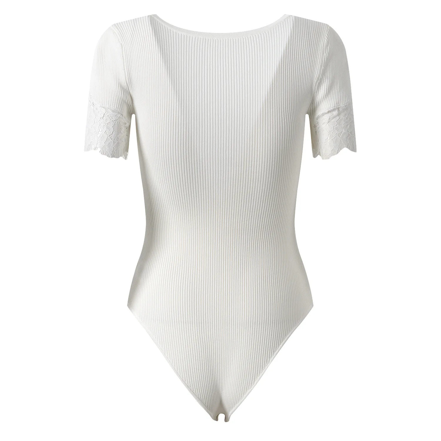 2026 Spring Summer New White Lace Spliced V-Neck Elegant Slim Fit Short Sleeve Knitted Jumpsuit Women Fashion Romper
