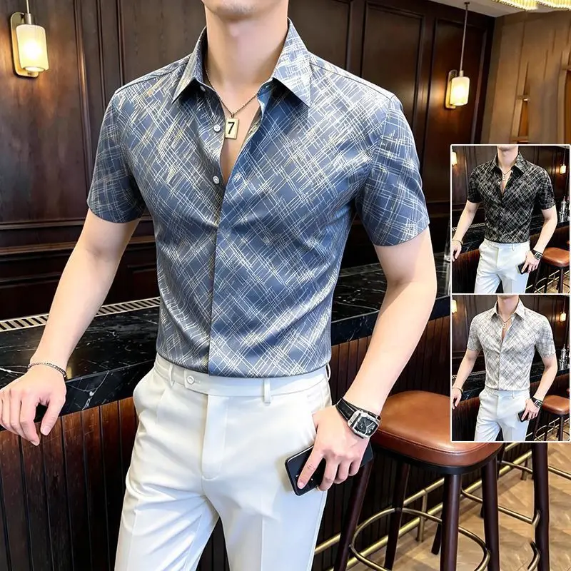 2026 New Ice Silk Floral Print Short Sleeve Men's Shirt Fashionable Urban Business Style Polyester Fabric Youth Casual Shirt