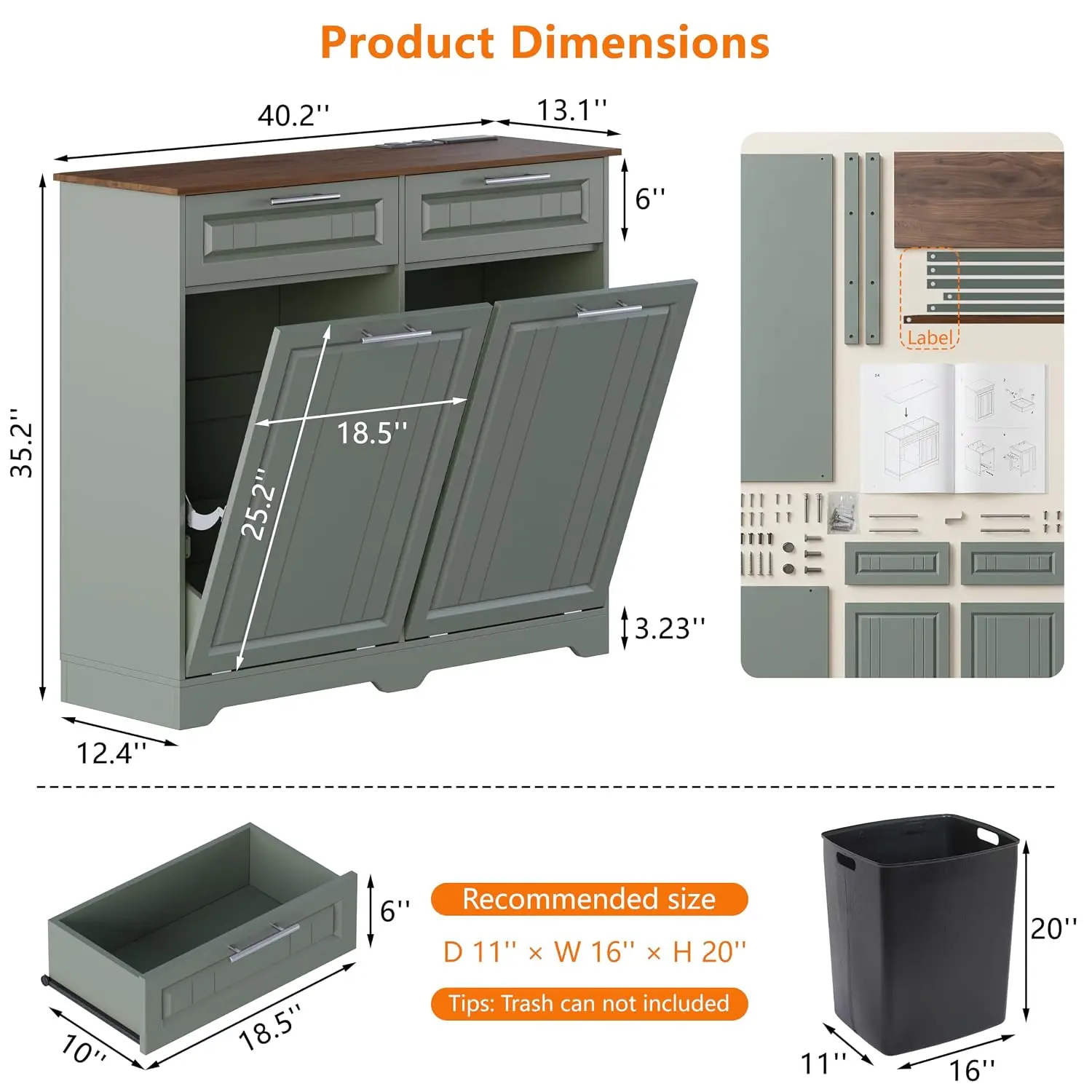 Tilt Out Trash Cabinet with Deodorizer, Wooden Hidden Garbage Holder with 2 Drawers for Kitchen Bathroom, 10 Gallon, Customized