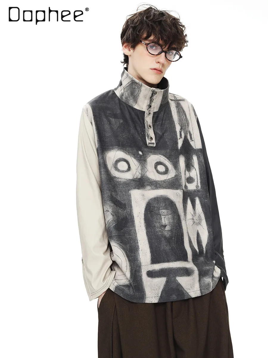 Japanese Retro Print Long Sleeve T-Shirt for Men Loose Casual Double-Sided Flannel Stand Collar Gray Top for Spring and Autumn