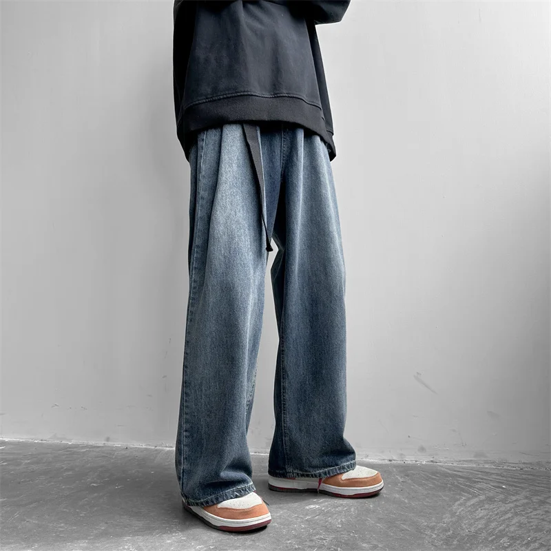

Loose Straight Leg Men's Jeans Autumn Spring Seasonal Long Trousers Trendy Brand Washed Wide Leg Pants Casual Youth Style
