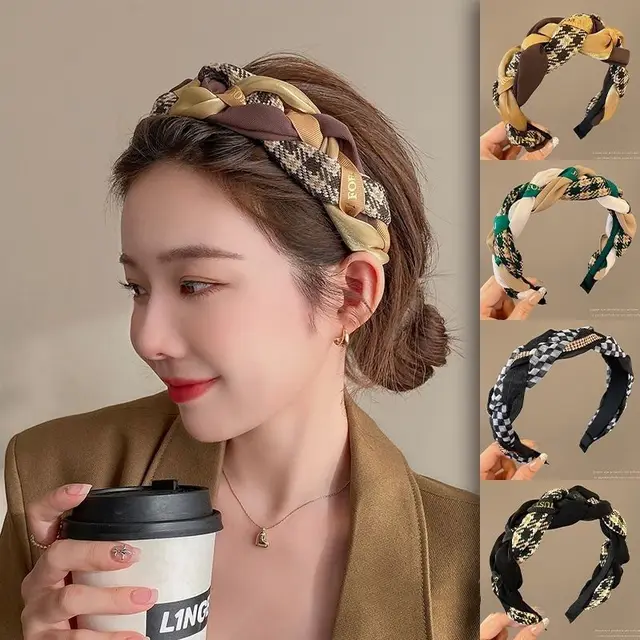 Retro Twist Plaid opaska na głowę dla kobiet w stylu koreańskim elegancka moda dziewczyna myjka do twarzy opaska do włosów